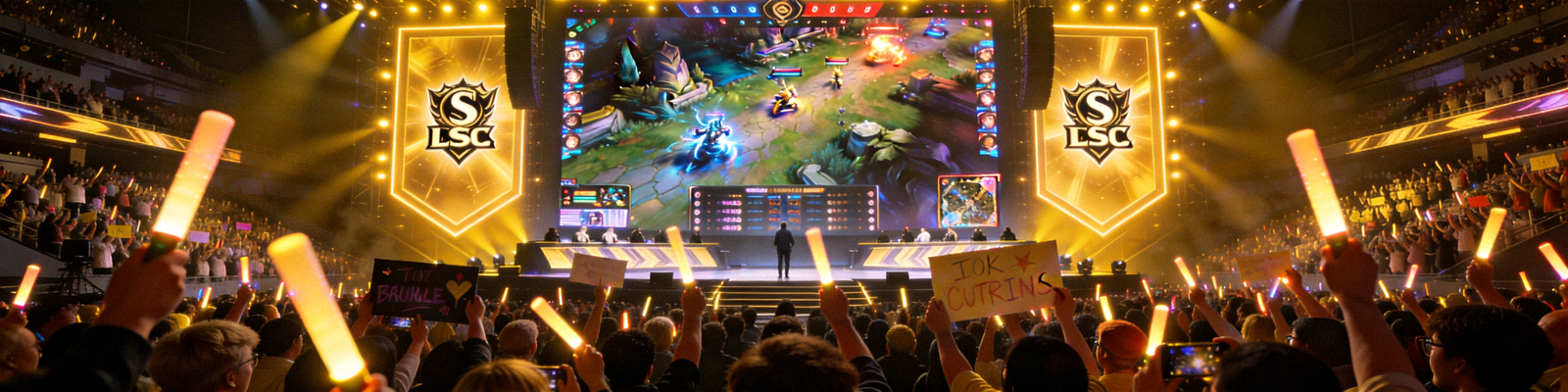 英雄联盟S赛电竞比赛现场 - 巨大的屏幕显示着游戏画面，台下观众热情高涨