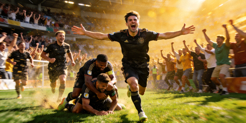 足球比赛绝杀瞬间 - 球员疯狂庆祝进球，队友将其扑倒在地